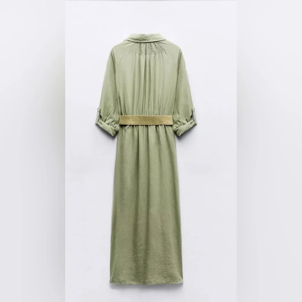 BELTED LINEN SHIRTDRESS with Slit for Casual Wear Size S - Picture 6 of 16